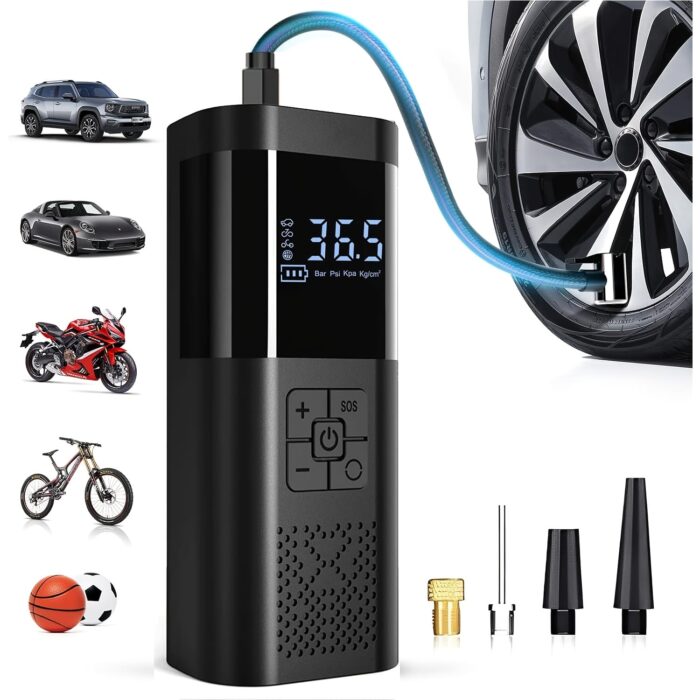 Inflador de neumáticos con compresor de aire portátil, bomba para neumáticos de automóvil de 150 PSI, equipada con un medidor de presión de neumáticos, luz LED y una bomba de neumáticos inalámbrica inteligente de un solo botón tres veces más rápida, adecuada para automóviles, motocicletas, bicicletas y balones deportivos.