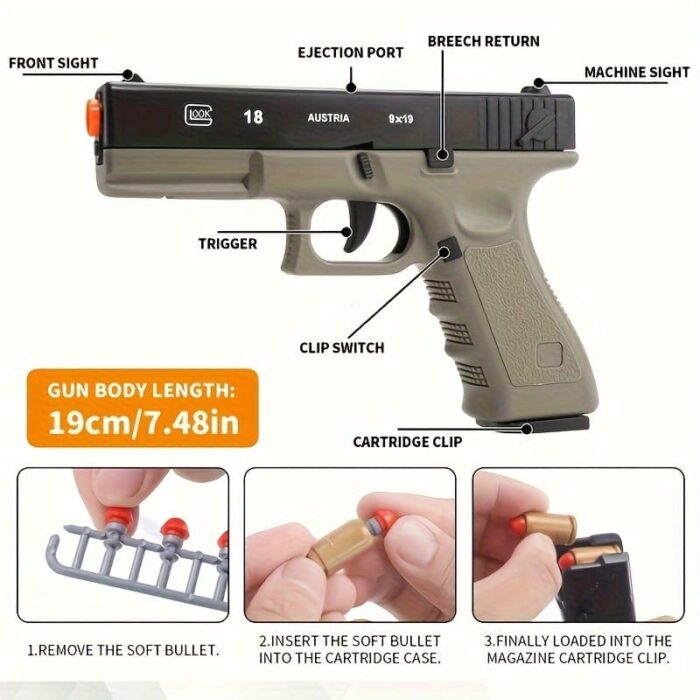Automatic Pistol with Ejecting Shell and Automatic Rebound, Semi-Automatic Handgun for Boys and Teens 14+, Perfect for Halloween, Christmas, Birthday Gifts - Includes Soft Rubber Bullets, Plastic Material, Mixed Color