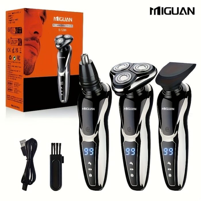 MIGUAN 3-in-1 Electric Razor for Men - USB Rechargeable, Portable Shaver with Nose Hair Trimmer & 3D Floating Blade, Digital Display