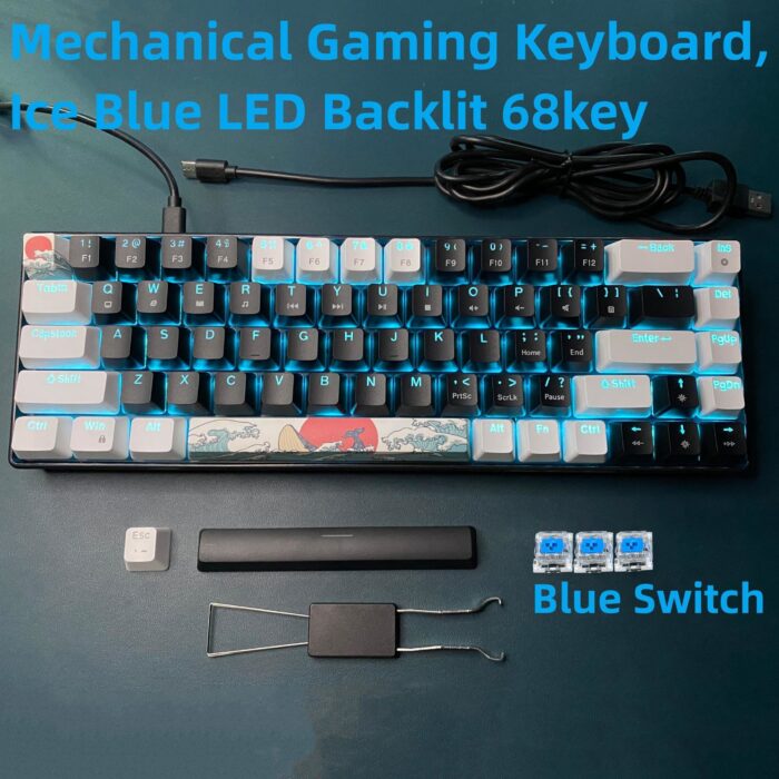 Teclado mecánico portátil para juegos retroiluminación LED azul hielo, compacto, 68 teclas, miniteclado con cable para oficina con interruptor azul, para Windows, portátil, PC y Mac.