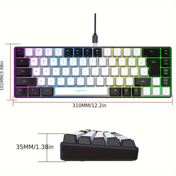 HXSJ - Nuevo teclado Gamming con cable de película fina, separación de teclas USB-C, retroiluminación RGB de 68 teclas, adecuado para gaming profesional, oficina, blanco y negro