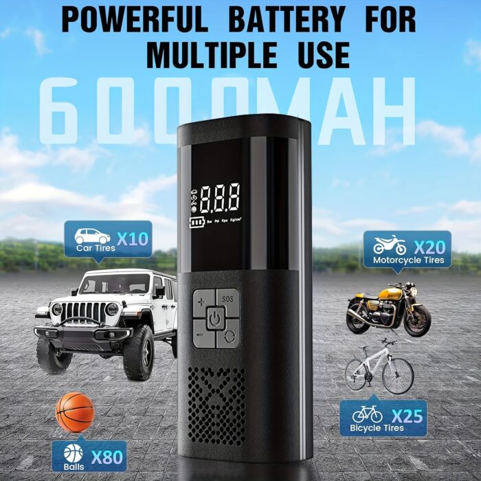 Inflador de neumáticos con compresor de aire portátil, bomba para neumáticos de automóvil de 150 PSI, equipada con un medidor de presión de neumáticos, luz LED y una bomba de neumáticos inalámbrica inteligente de un solo botón tres veces más rápida, adecuada para automóviles, motocicletas, bicicletas y balones deportivos.