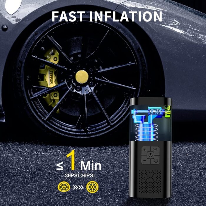 Inflador de neumáticos con compresor de aire portátil, bomba para neumáticos de automóvil de 150 PSI, equipada con un medidor de presión de neumáticos, luz LED y una bomba de neumáticos inalámbrica inteligente de un solo botón tres veces más rápida, adecuada para automóviles, motocicletas, bicicletas y balones deportivos.