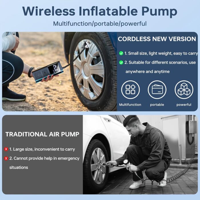Inflador de neumáticos con compresor de aire portátil, bomba para neumáticos de automóvil de 150 PSI, equipada con un medidor de presión de neumáticos, luz LED y una bomba de neumáticos inalámbrica inteligente de un solo botón tres veces más rápida, adecuada para automóviles, motocicletas, bicicletas y balones deportivos.