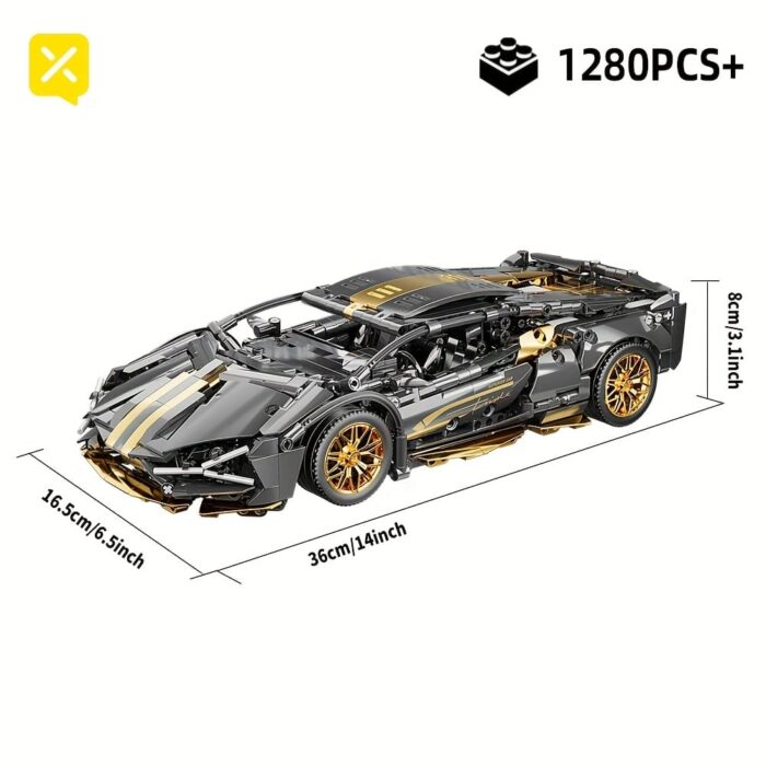 BRZXPROE Building Block Car - Sleek Black & Golden Sports Car Model, Easy-to-Assemble Mechanical Speed Vehicle, Perfect Gift for Birthdays, Christmas, Halloween, Thanksgiving & New Year
