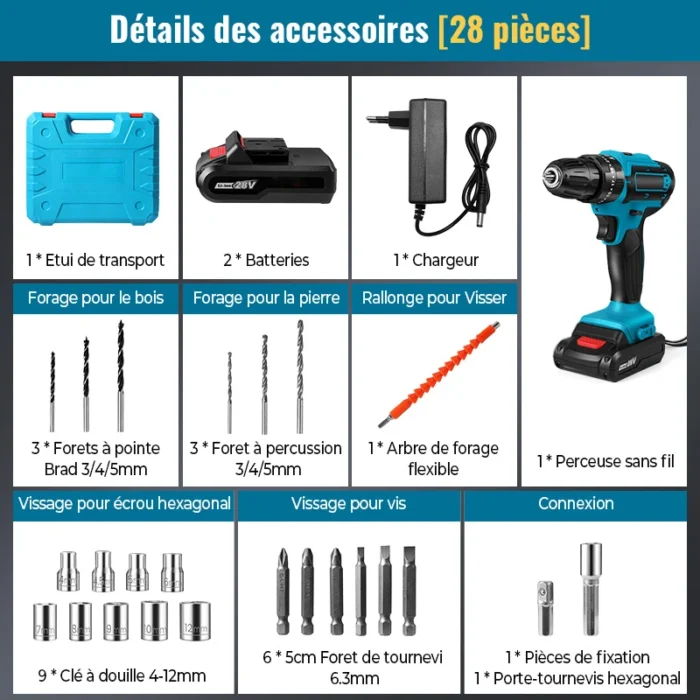 28V Cordless Impact Drill Multifunctional Screwdriver Rechargeable Electric Drill Lithium Battery 1350rpm Speed Power Tool